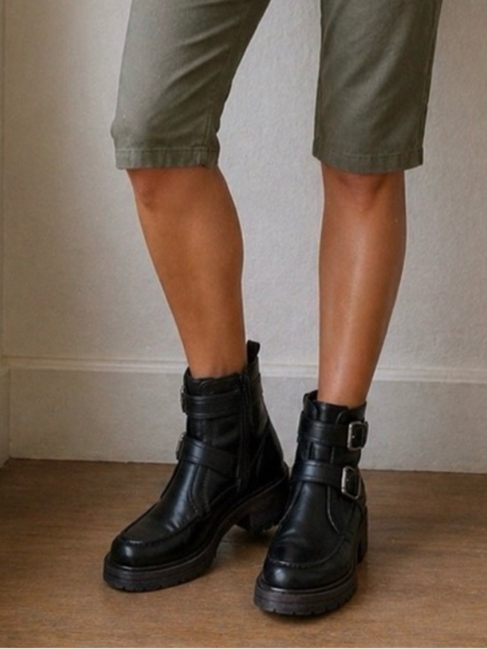 Free People Black Leather Double-Buckle Ankle Boots